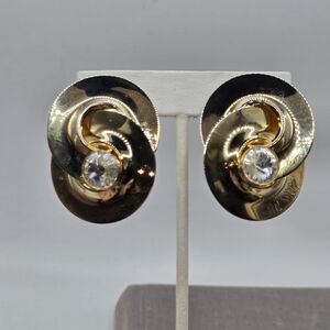 Gold Clip On Earrings Norma Jean Infinity Knot Rivoli CZ Crystal Linked Circles
